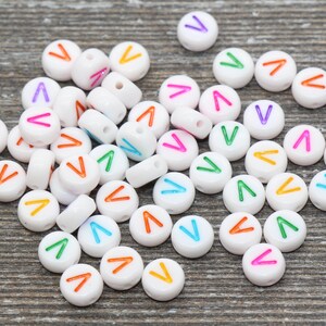 Letter V Alphabet Beads, Multicolored White Alphabet Letter Beads, Acrylic White Letters Beads, Round Acrylic Beads, Name Beads, Size 7mm