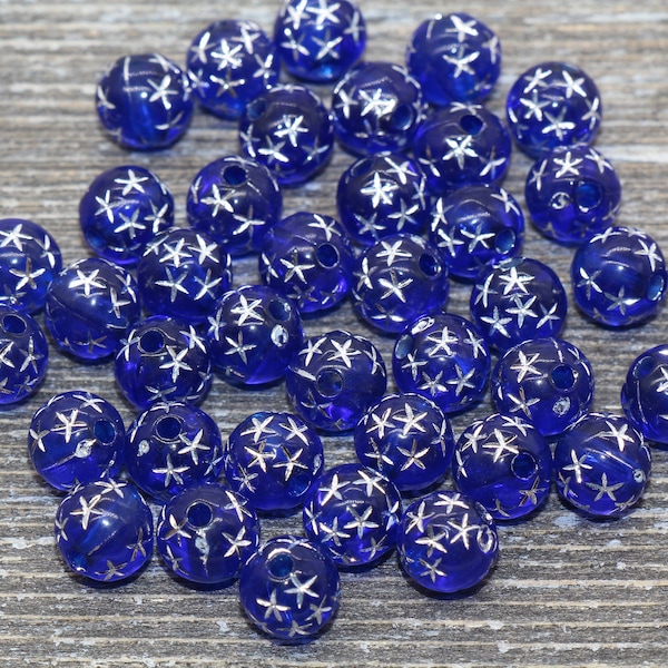 8mm Royal Blue Gumball Beads with Silver Stars, Round Acrylic Loose Beads, Bubblegum Beads, Chunky Beads, Smooth Plastic Round Beads #504