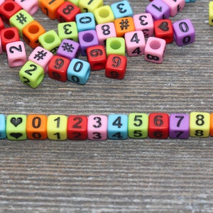 Multicolor Number Beads, Assorted Number Beads, Mix Color Cube Square Number Beads, Heart, Hashtag #, Size 6mm #2041