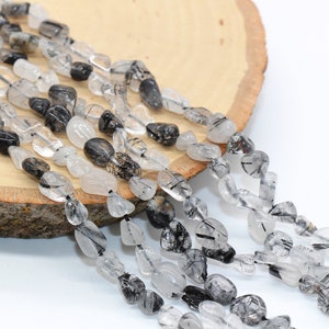 Black Rutilated Quartz Beads, Rutilated Gemstone Nugget Beads, Loose Beads, Pebble Nugget Beads, Size 6mm-7mm #7