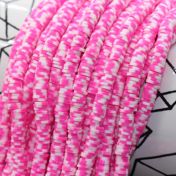 6mm Pink Speckled Heishi Beads, Pink and White Polymer Clay Disc Beads, African Disc Beads, Vinyl Heishi, 16 inch Strand #208