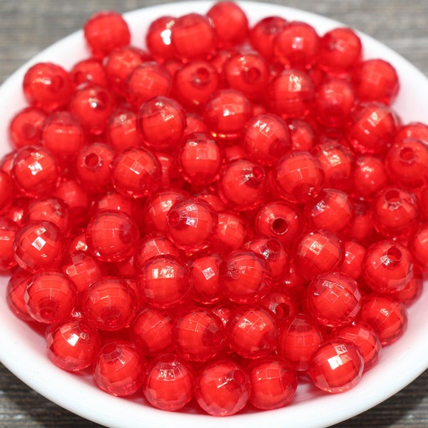 10mm Red Faceted Beads, Round Faceted Acrylic Loose Beads, Bubblegum Beads, Chunky Beads, Bracelet Gumball Beads #2016