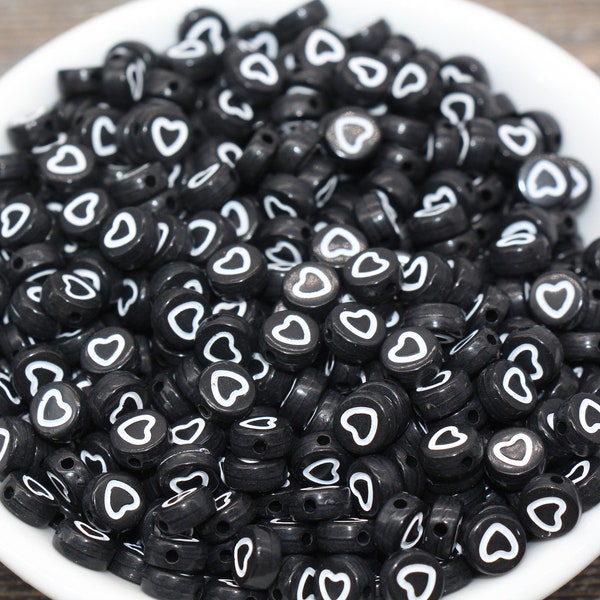 Outline Heart Beads, Black Beads with White Heart Beads, Open Heart Beads, Acrylic Heart Symbol Beads, Size 7mm #1739