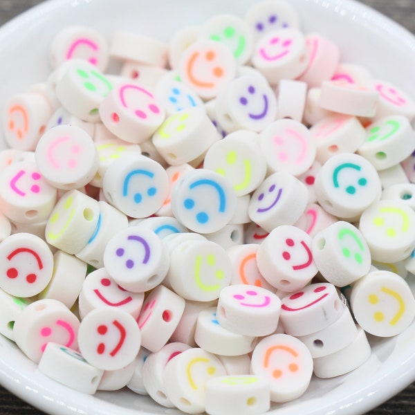 Smiley Face Polymer Clay Beads, Mix Color Smiley Face Fimo Cane Beads, Assorted Happy Face Emoji Beads, Rainbow Happy Face Slice Beads #52