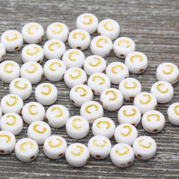 Letter C Alphabet Beads, White and Gold Alphabet Letter Beads, Acrylic Gold Letters Beads, Round Acrylic Beads, Name Initial Beads, Size 7mm