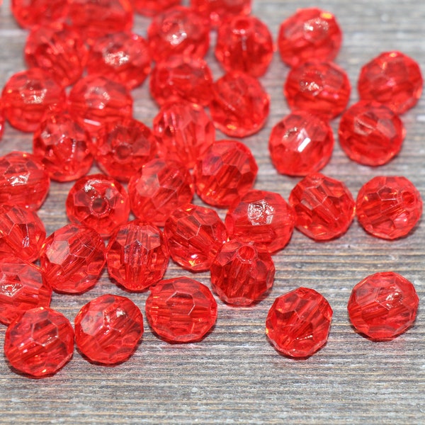 10mm Red Transparent Faceted Beads, Red Hexagon Faceted Acrylic Loose Beads, Bubblegum Beads, Chunky Beads, Crystal Look Beads#1855