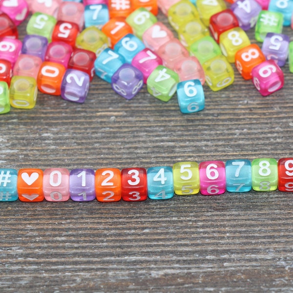 Multicolor Number Beads, Assorted Number Beads, Mix Color Cube Square Number Beads, Heart, Hashtag #, Size 6mm #2038