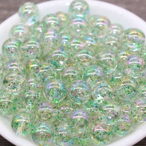 12mm Iridescent Translucent Green Beads with Glitter, Shinny Bubblegum Beads, Sparkle Chunky Beads, Smooth Round Plastic Beads #1844