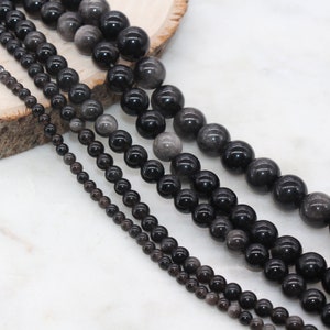 Silver Obsidian Beads, Black Beads Gemstone Smooth Round Loose Beads, Sizes 4mm 6mm 8mm 10mm 12mm, Full Strand 15 inch, #77