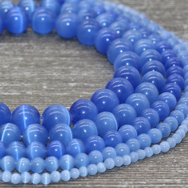 Blue Cat Eye Beads,  Smooth Round Beads, Sizes 4mm 6mm 8mm 10mm 12mm, Full Strand 15.5 inch, #186