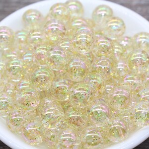 12mm Iridescent Translucent Yellow Beads with Glitter, Shinny Bubblegum Beads, Sparkle Chunky Beads, Smooth Round Plastic Beads #1843
