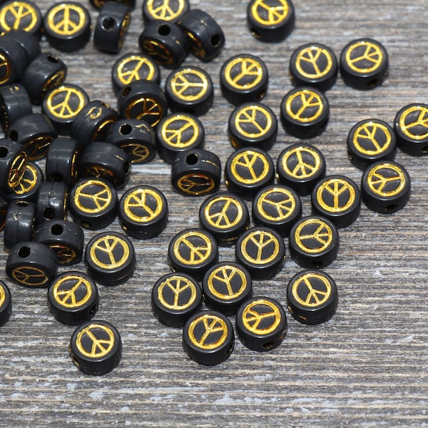 Peace Beads, Black with Gold Peace Beads, Acrylic Symbol Beads, Peace Sign Beads, Size 7mm #85