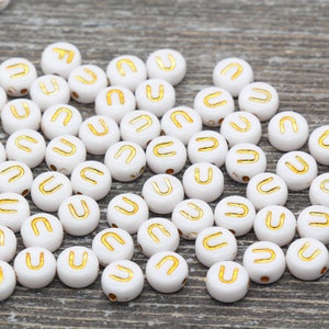 Letter U Alphabet Beads, White and Gold Alphabet Letter Beads, Acrylic Gold Letters Beads, Round Acrylic Beads, Name Initial Beads, Size 7mm