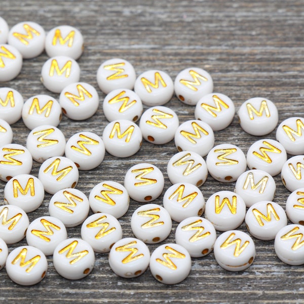 Letter M Alphabet Beads, White and Gold Alphabet Letter Beads, Acrylic Gold Letters Beads, Round Acrylic Beads, Name Initial Beads, Size 7mm