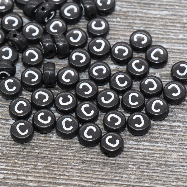 Letter C Alphabet Beads, Black Alphabet Letter Beads, Acrylic Black and White Letters Beads, Round Acrylic Beads, Name Beads, Size 7mm