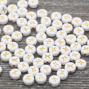 Letter X Alphabet Beads, White and Gold Alphabet Letter Beads, Acrylic Gold Letters Beads, Round Acrylic Beads, Name Initial Beads, Size 7mm