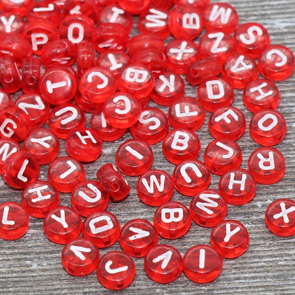 Red Alphabet Letter Beads, Translucent Acrylic Red Letters Beads, Round Acrylic Beads, Mix Letters Beads, Name Beads 7mm #125