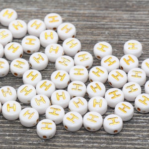 Letter H Alphabet Beads, White and Gold Alphabet Letter Beads, Acrylic Gold Letters Beads, Round Acrylic Beads, Name Initial Beads, Size 7mm