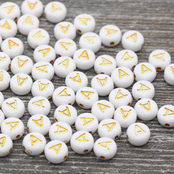 Letter A Alphabet Beads, White and Gold Alphabet Letter Beads, Acrylic Gold Letters Beads, Round Acrylic Beads, Name Initial Beads, Size 7mm