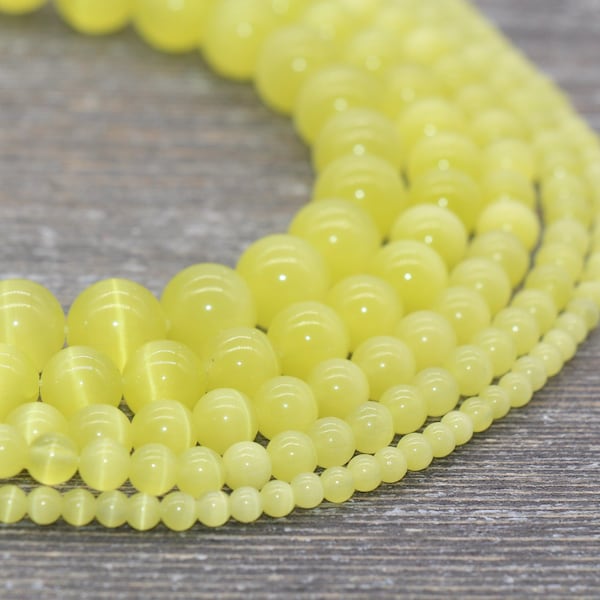 Yellow Cat Eye Beads,  Yellow Round Beads, Smooth Round Beads, Jewelry Making Bracelet Beads, Size 4mm 6mm 8mm 10mm 12mm, 15.5'' Strand #223