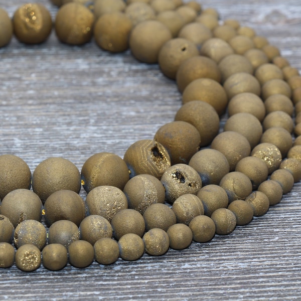 Golden Druzy Agate Beads, Round Matte Gemstone Loose Beads, 6mm 8mm 10mm 12mm, Full Strand, #151