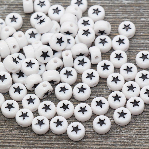 Star Beads, Acrylic Black Star Beads, Black and White Star Beads, Acrylic Symbol Beads, Size 7mm #759