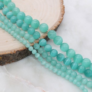 Seafoam Green Cat Eye Beads,  Smooth Round Beads, Size 6mm 8mm 10mm 12mm, Full Strand 15.5 inch, #253