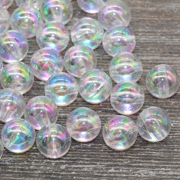 12mm Clear AB Round Beads, Iridescent Acrylic Gumball Beads, Transparent Round Spacer Beads, Bubblegum Beads, Plastic Round Bead #945