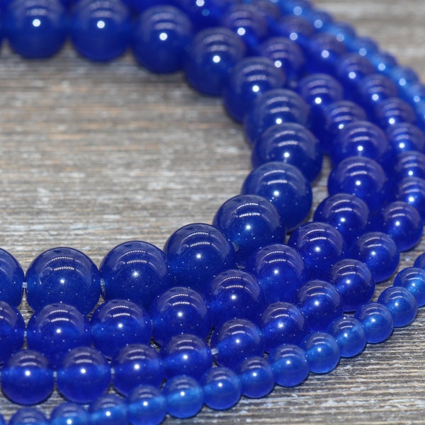 Royal Blue Jade Beads, Smooth Gemstone Round Loose Beads, Size 4mm 6mm 8mm 10mm 12mm, Full Strand 15" #201