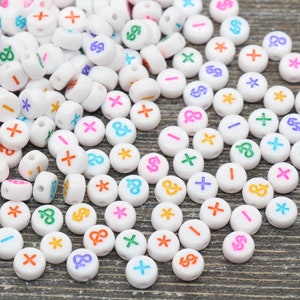 Ampersand, Asterisk, Plus, Minus, Dollar Sign Symbol Beads, Acrylic White Beads with Rainbow symbol Beads, Round Symbol Beads, 7mm #1315