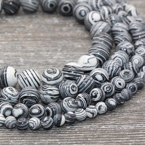 Peacock Stone Beads, Black White Malachite Synthetic Beads, Smooth Gemstone Round Beads, Sizes 4mm 6mm 8mm 10mm 12mm, Full Strand, #100