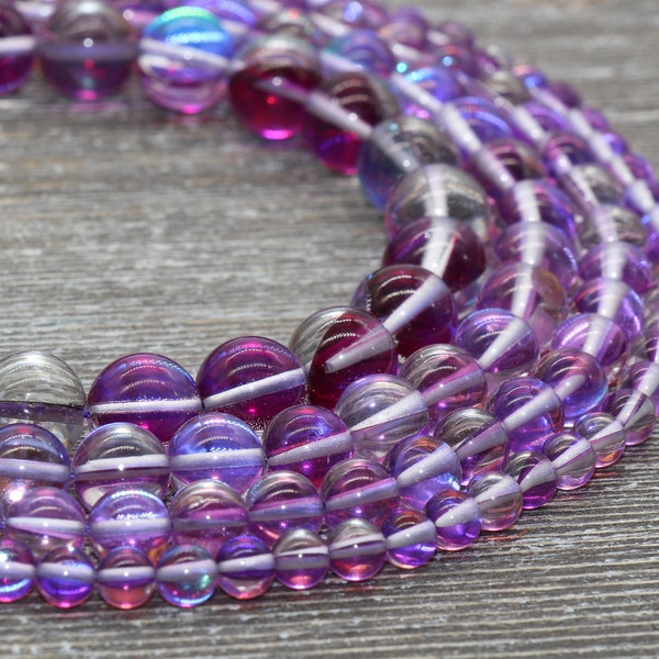 Purple Mystic Aura Quartz Beads, Holographic Gemstone Smooth Round Loose Beads, Iridescent Beads, Sizes 6mm 8mm 10mm 12mm, Full Strand #59