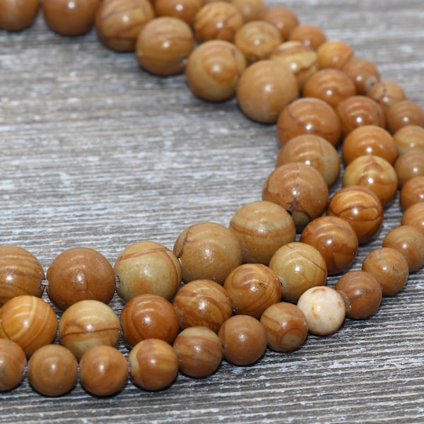 Wood Grain Jasper Beads, Smooth Gemstones Round Beads, Size 4mm 6mm 8mm 10mm,12mm,  Full Strand 15 inch, #44