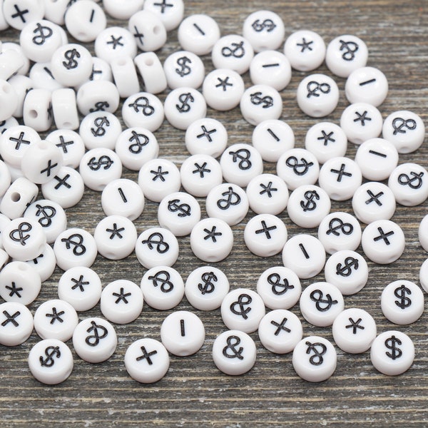 Ampersand, Asterisk, Plus, Minus, Dollar Sign Symbol Beads, Acrylic White Beads with Black symbol Beads, Round Symbol Beads, Size 7mm #1314