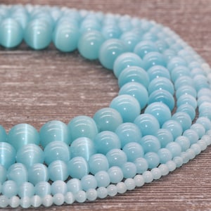 Aquamarine Blue Cat Eye Beads, Smooth Round Beads, Sizes 4mm 6mm 8mm 10mm 12mm, Full Strand 15 inch, #183