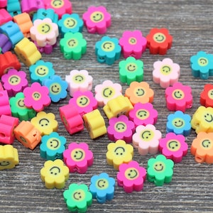 Smiley Face Polymer Clay Beads, Flower Shape Smiley Face Fimo Cane Beads, Assorted Happy Face Emoji Beads, Rainbow Happy Face Beads #20