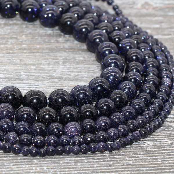 Blue Sandstone Beads, Blue Goldstone Beads, Smooth Gemstones Round Beads, Size 4mm 6mm 8mm 10mm,12mm,  Full Strand 15" #46