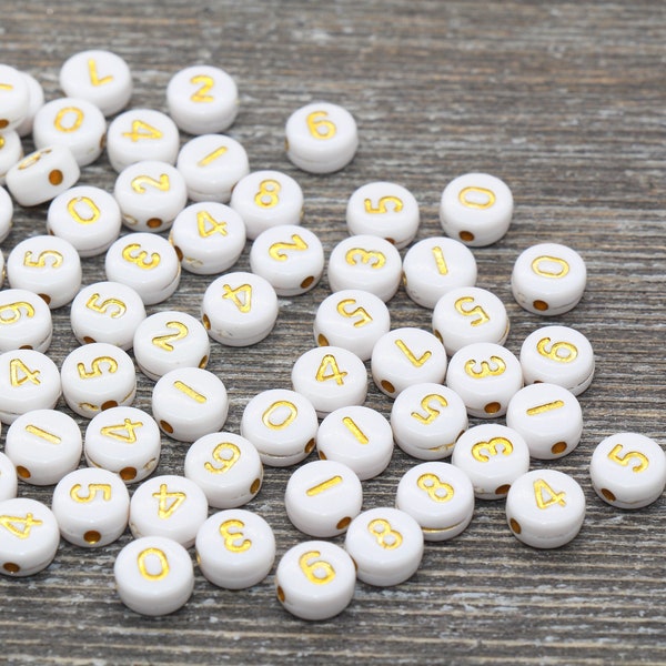 White and Gold Number Beads, Acrylic White and Gold Number Beads, Plastic Mix Number Beads, Round Number Beads, Size 7mm #93
