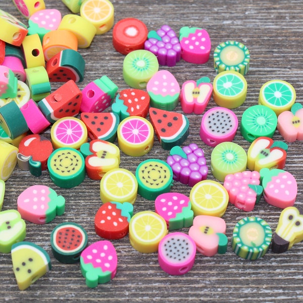 Perles de fruits en pâte polymère, Perles de fruits de canne en fimo, Assortiment de perles de fruits, Tranches de fruits, Perles de bracelet en argile de fruits,