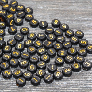 Black and Gold Number Beads, Acrylic Black and Gold Number Beads, Plastic Mix Number Beads, Round Number Beads, Size 7mm #86
