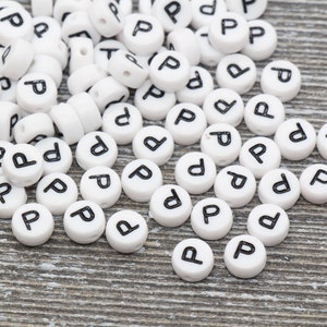 Letter P Alphabet Beads, White Alphabet Letter Beads, Acrylic White and Black Letters Beads, Round Acrylic Beads, Name Beads, Size 7mm