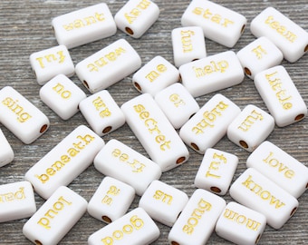 White with Gold Word Beads, Random Word Beads, Acrylic Beads, #1074