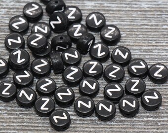 Letter Z Alphabet Beads, Black Alphabet Letter Beads, Acrylic Black and White Letters Beads, Round Acrylic Beads, Name Beads, Size 7mm
