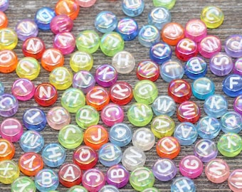 Lettres alphabet AB multicolores translucides, Lettres irisées arc-en-ciel, Perles acryliques rondes, Initiales du nom, Taille 7 mm #844