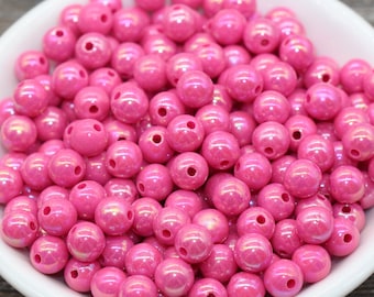 8mm Magenta Pink AB Gumball Beads, Iridescent Acrylic Loose Beads, Solid Bubblegum Beads, Chunky Beads, Glossy Smooth Round Beads #455