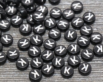 Letter K Alphabet Beads, Black Alphabet Letter Beads, Acrylic Black and White Letters Beads, Round Acrylic Beads, Name Beads, Size 7mm