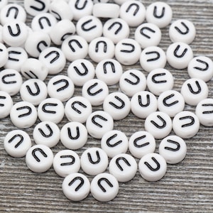 Letter U Alphabet Beads, White Alphabet Letter Beads, Acrylic White and Black Letters Beads, Round Acrylic Beads, Name Beads, Size 7mm