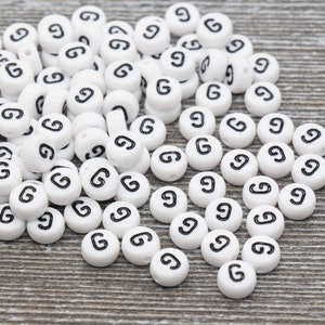 Letter G Alphabet Beads, White Alphabet Letter Beads, Acrylic White and Black Letters Beads, Round Acrylic Beads, Name Beads, Size 7mm