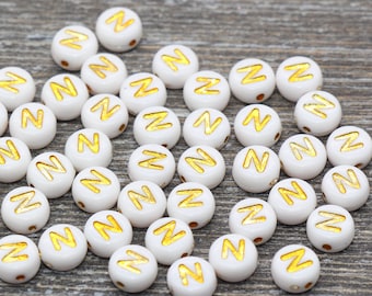 Letter N Alphabet Beads, White and Gold Alphabet Letter Beads, Acrylic Gold Letters Beads, Round Acrylic Beads, Name Initial Beads, Size 7mm