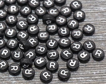 Letter R Alphabet Beads, Black Alphabet Letter Beads, Acrylic Black and White Letters Beads, Round Acrylic Beads, Name Beads, Size 7mm